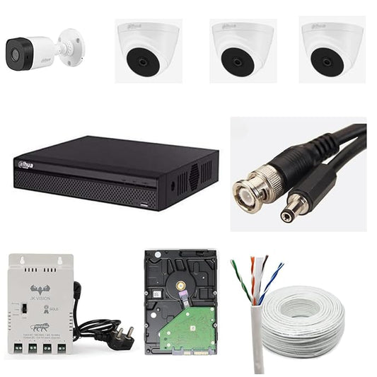 Dahua 2MP HD CCTV Camera Full Set, 1 Bullet, 3 Dome, 4 Channel DVR, 4 Channel JK Vision Power Supply, 1TB Hard Disk, 90 Meter Cable, BNC/DC Connector