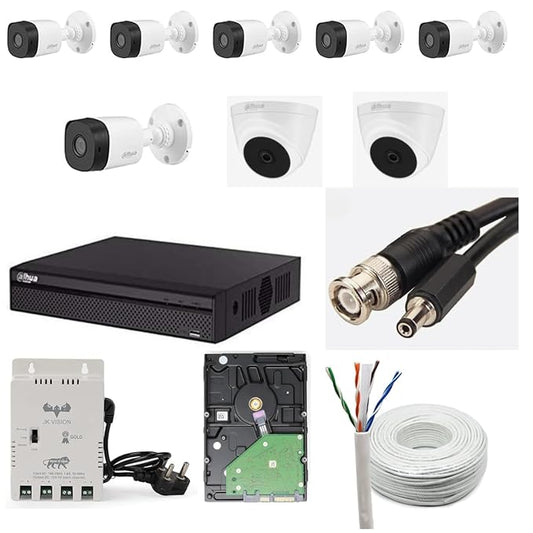 Dahua 2MP HD CCTV Camera Full Set, 6 Bullet, 2 Dome, 8 Channel DVR, 8 Channel JK Vision Power Supply, 1TB Hard Disk, 90 Meter Cable, BNC/DC Connector